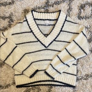 Cozy White and Black Striped V-Neck Sweater